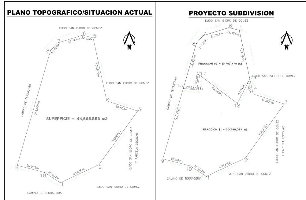 Dos dibujos reales: el terreno completo y su propuesta de subdivisión en dos fracciones.