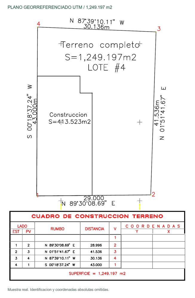 Ejemplo de un terreno de 1,249.197 m², su construcción existente y el cuadro con medidas.
