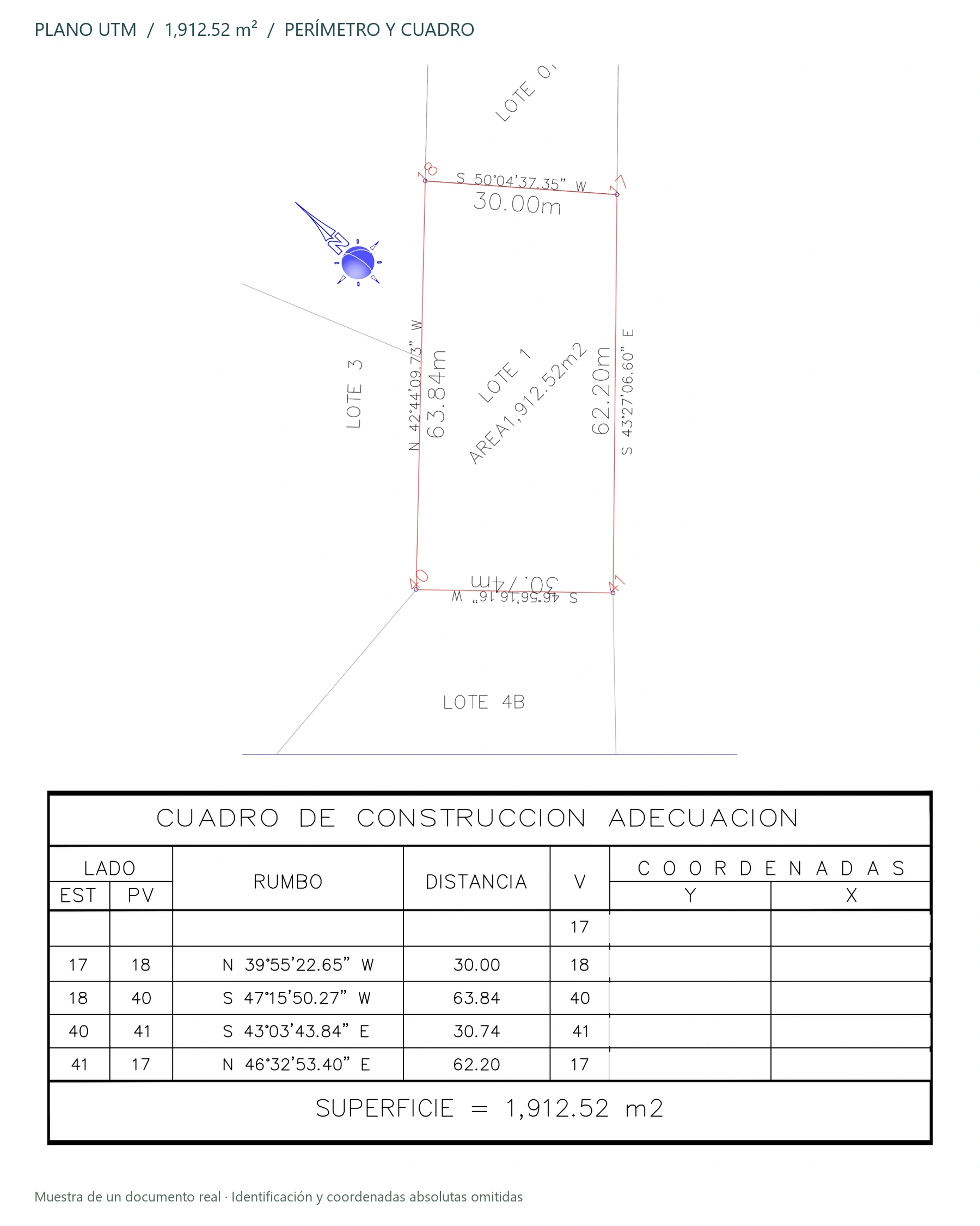 Detalle de un plano UTM real con identificación omitida